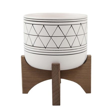 FLORA BUNDA Flora Bunda EM1918E-BLK 5 in. White & Black Geometric with Wood Stand Planter EM1918E-BLK